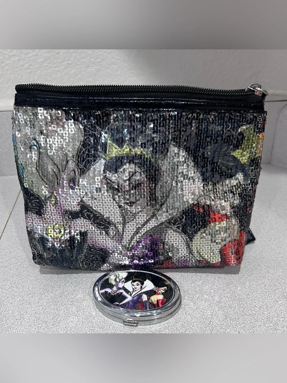 Disney Villains Sequin Cosmetic Bag & Compact Mirror